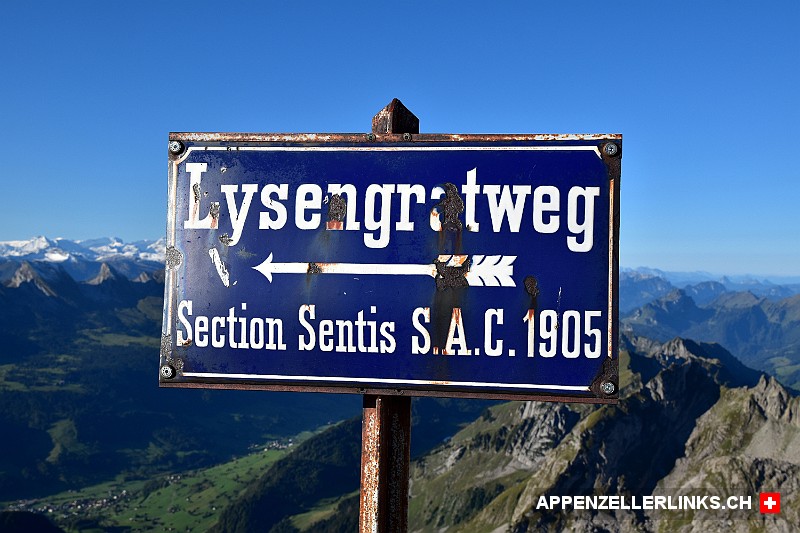 Alter Wegweiser zum Lysengrat im Alpstein Alter Wegweiser zum Lysengratweg im Alpstein