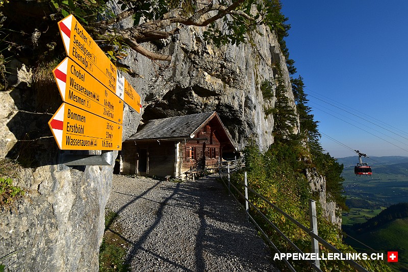 Wan­der­weg­wei­ser vor dem Ein­gang der Wild­kirch­li­höh­le