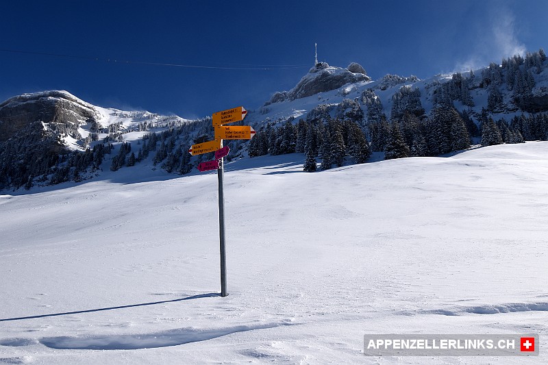 Wegweiser auf der winterlichen Alp Soll im Alpstein