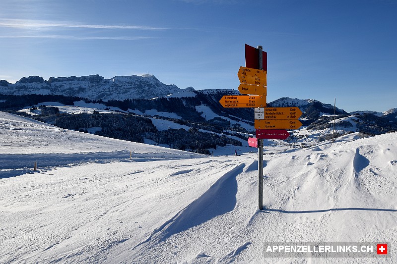 Weg­wei­ser für Schnee­schuh-Wan­de­rer im Alpstein