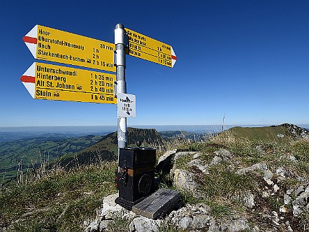 Wegweiser und Gipfelmarkierung auf dem Neuenalpspitz im Alpstein.JPG